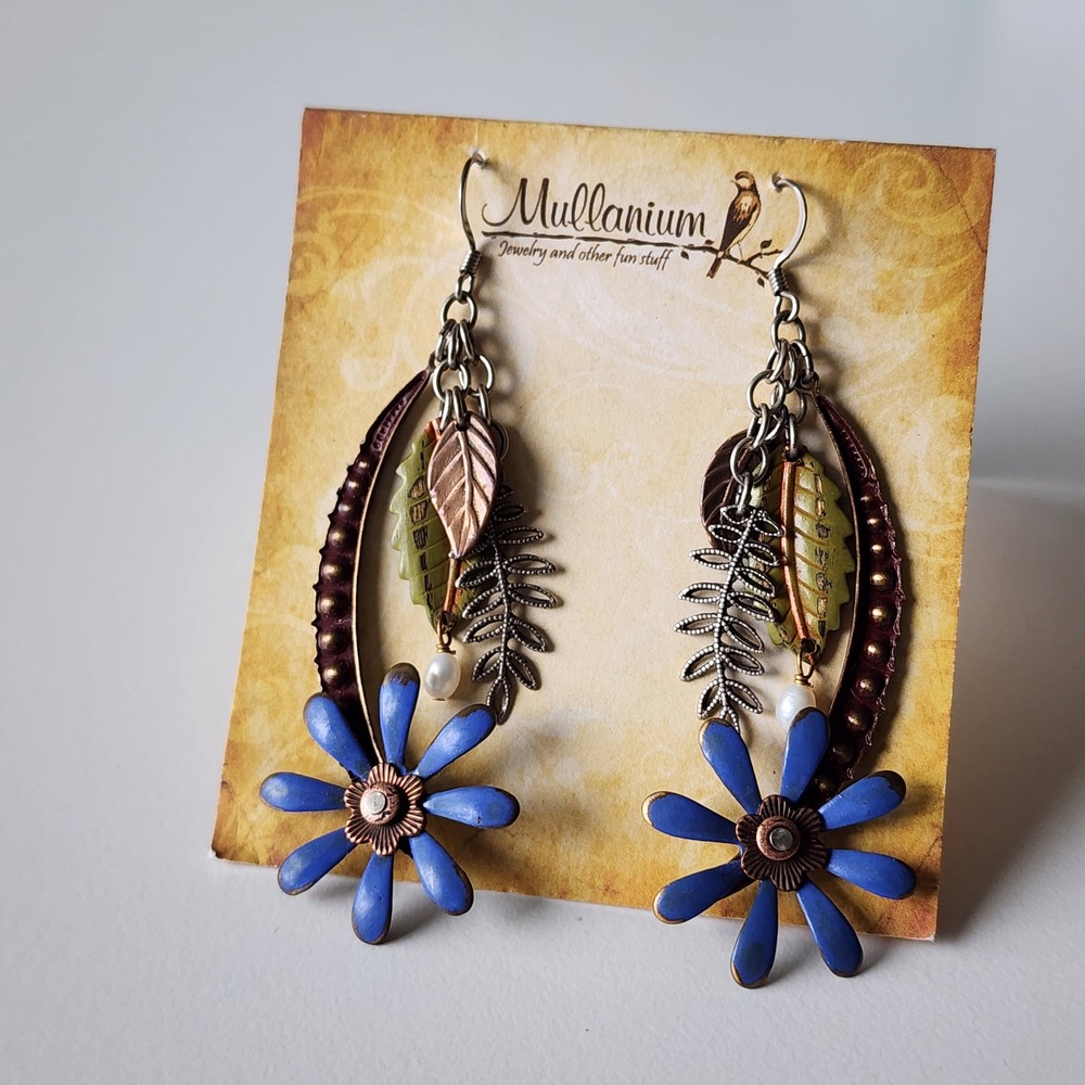 Mullanium Flower Leaf Earrings Blue Metal Nature Botanical Dangle Artisan Earthy